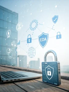 A digital illustration depicting a secure data server with a lock icon, symbolizing GDPR compliance for Vanavision's 3D tour data.